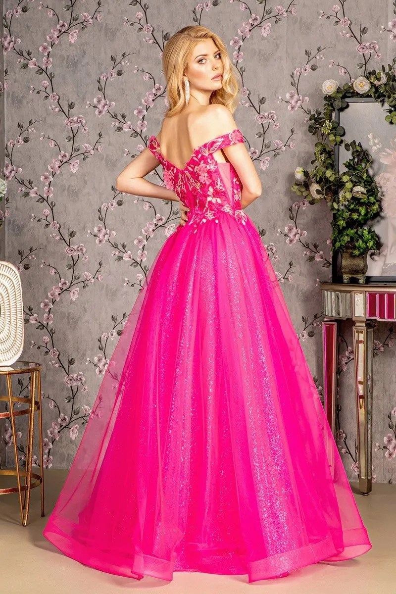 GL 3443 - Off the Shoulders Shimmer Tulle A-Line Prom Gown with 3D Floral Embroidered V-Neck Bodice
