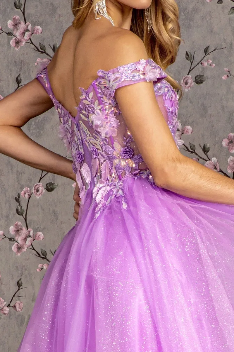 GL 3443 - Off the Shoulders Shimmer Tulle A-Line Prom Gown with 3D Floral Embroidered V-Neck Bodice