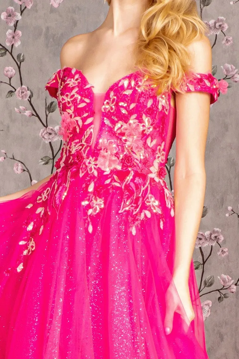 GL 3443 - Off the Shoulders Shimmer Tulle A-Line Prom Gown with 3D Floral Embroidered V-Neck Bodice