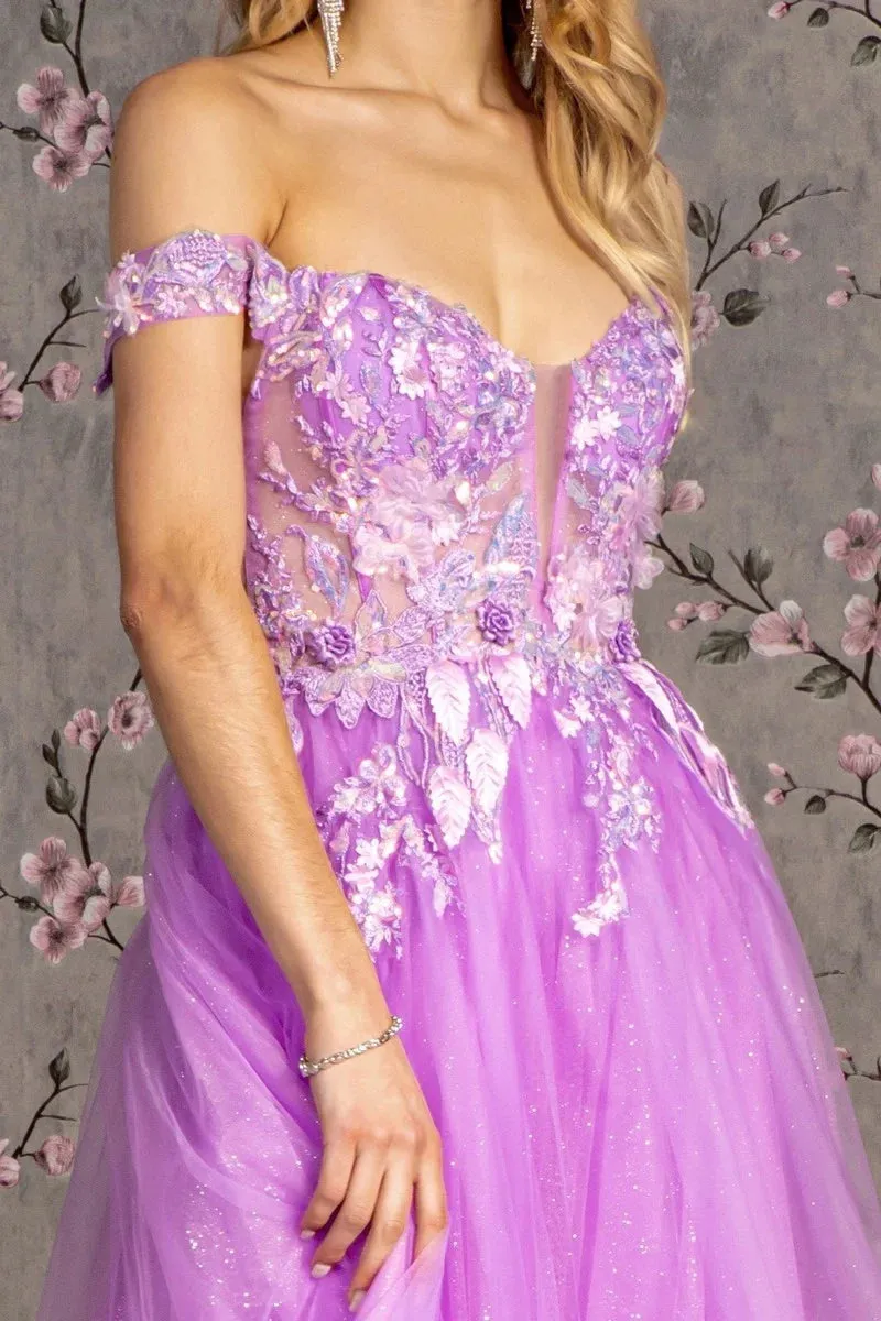 GL 3443 - Off the Shoulders Shimmer Tulle A-Line Prom Gown with 3D Floral Embroidered V-Neck Bodice