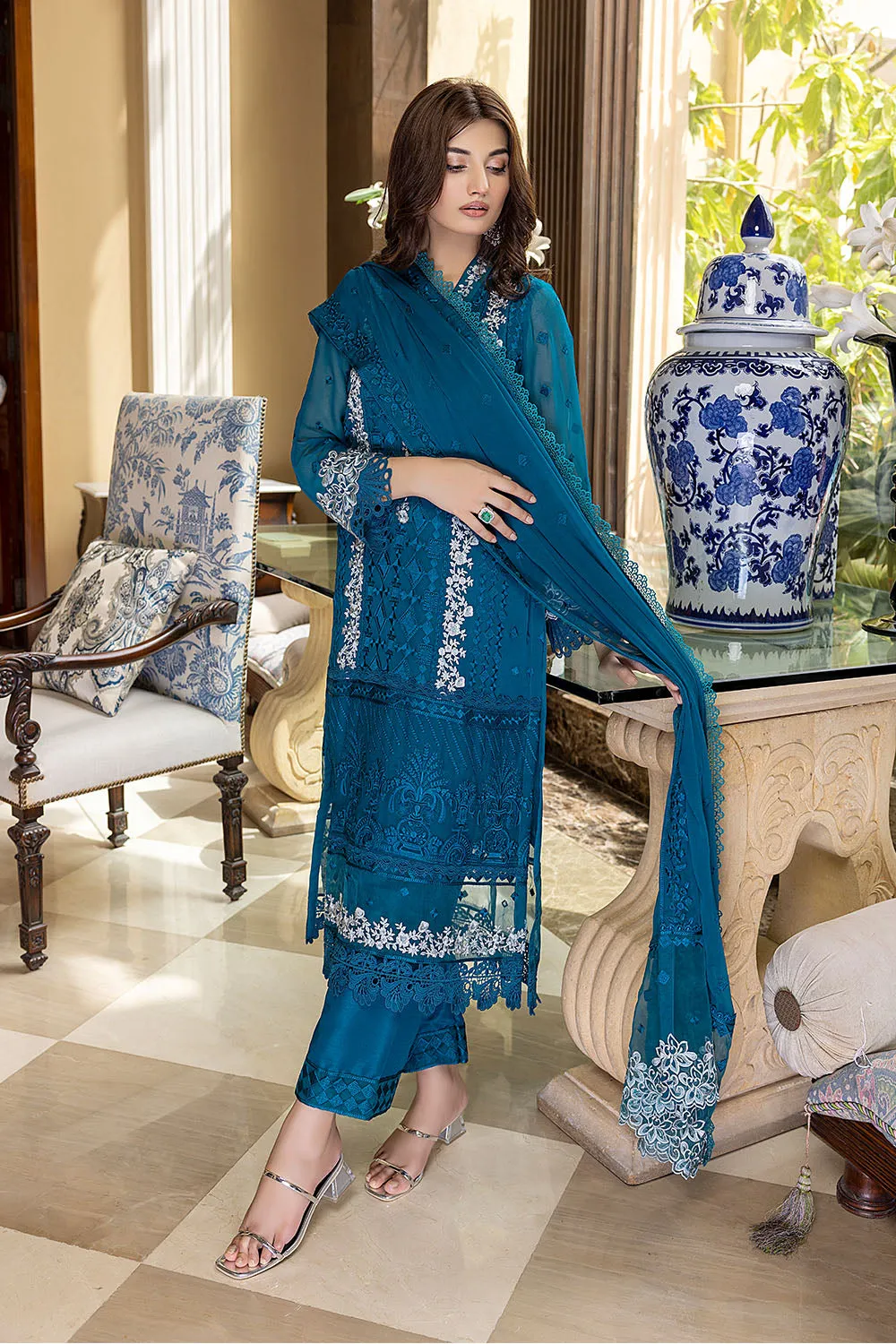 Glamour Glow | Azure Luxe Embroidered 3pcs Collections 2023