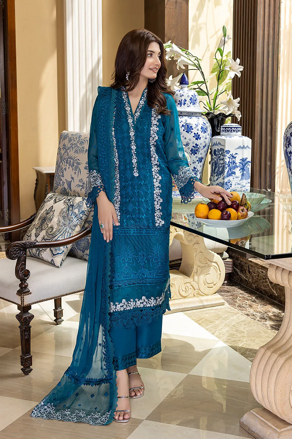 Glamour Glow | Azure Luxe Embroidered 3pcs Collections 2023