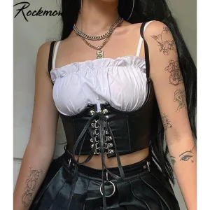Graduation Gifts Gothic PU Leather Corset Women Lace Up Crop Top Punk Style Corselet Wear Out Bustiers Cummerbunds Tops Streetwear mujer