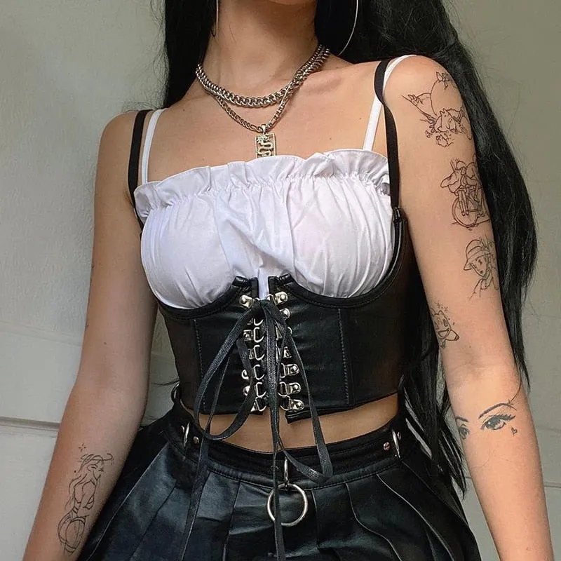 Graduation Gifts Gothic PU Leather Corset Women Lace Up Crop Top Punk Style Corselet Wear Out Bustiers Cummerbunds Tops Streetwear mujer