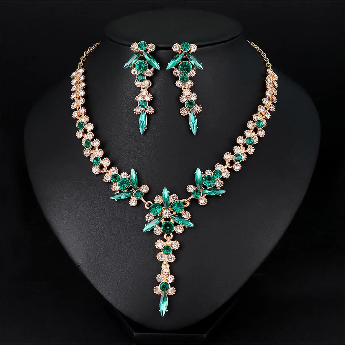 Green Crystal & Cubic Zirconia Lariat Necklace Set
