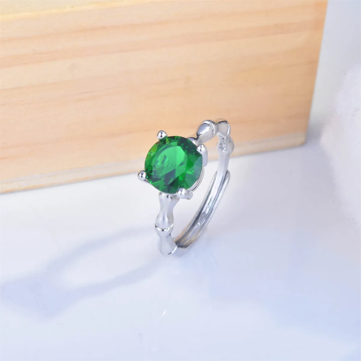 Green Crystal & Silver-Plated Round-Cut Adjustable Ring