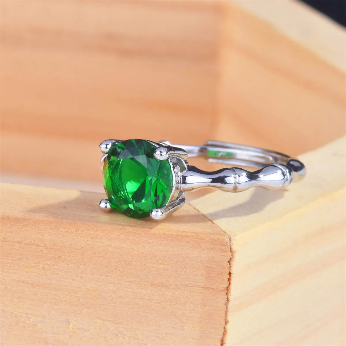 Green Crystal & Silver-Plated Round-Cut Adjustable Ring