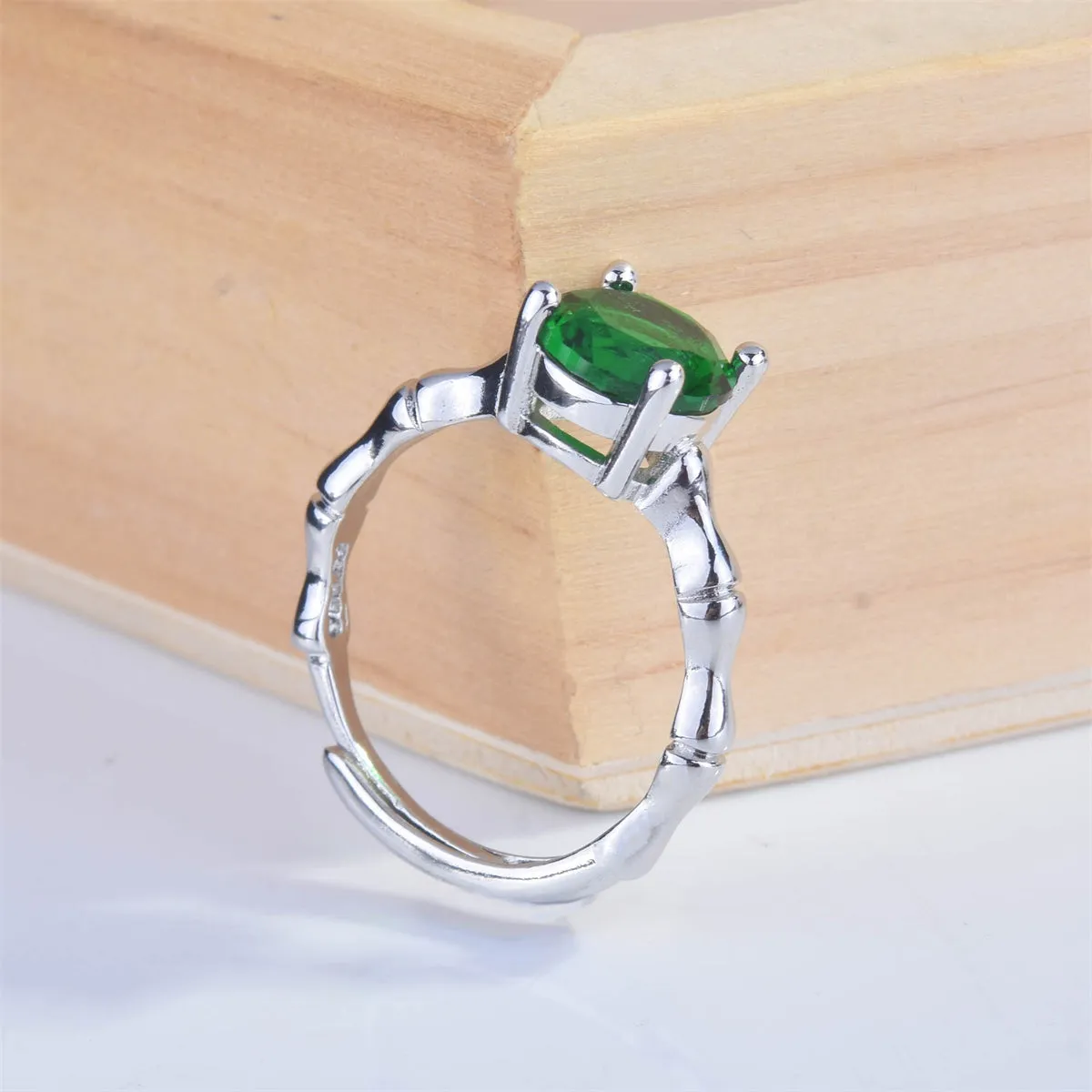 Green Crystal & Silver-Plated Round-Cut Adjustable Ring