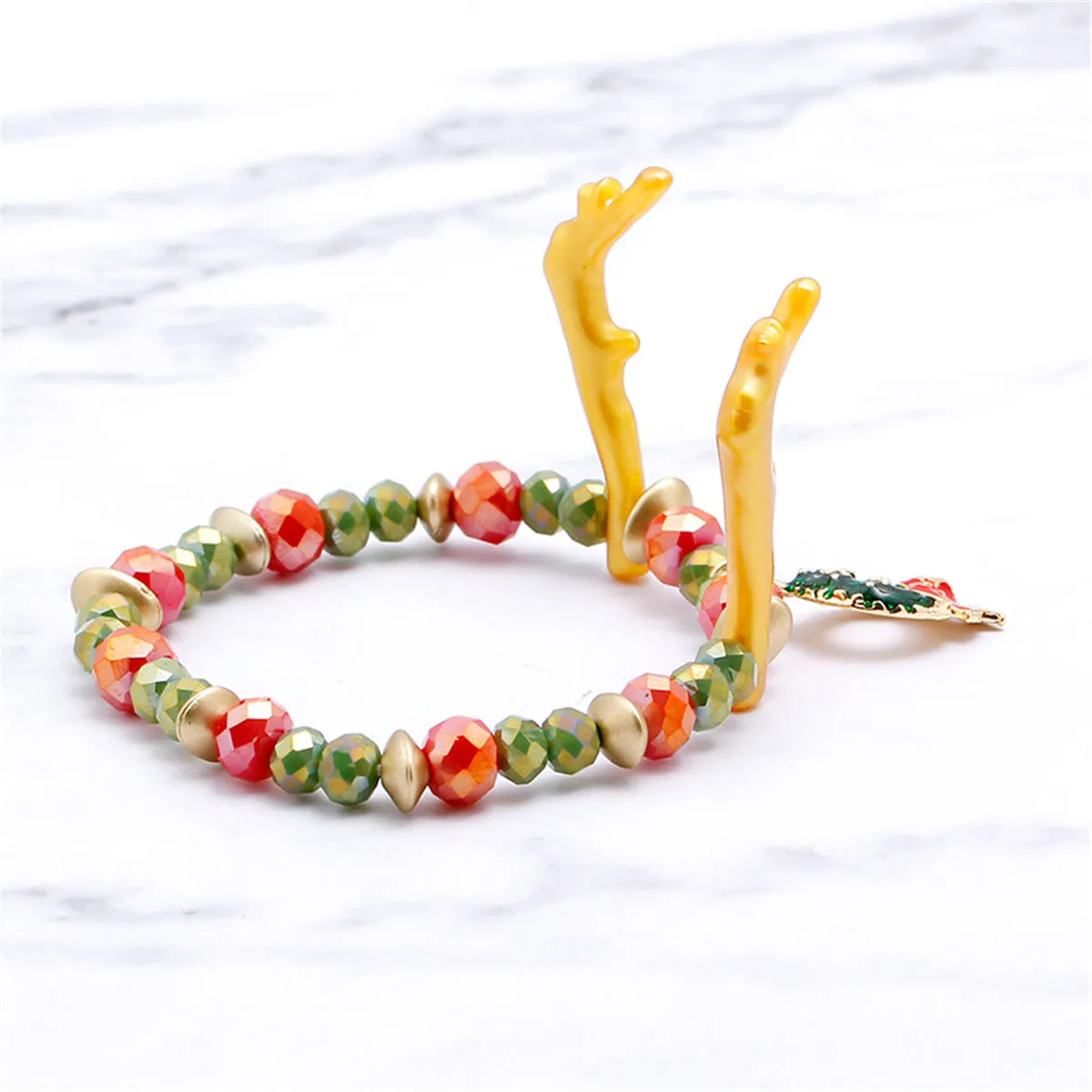 Green Enamel & 18K Gold-Plated Reindeer Antlers Beaded Stretch Bracelet