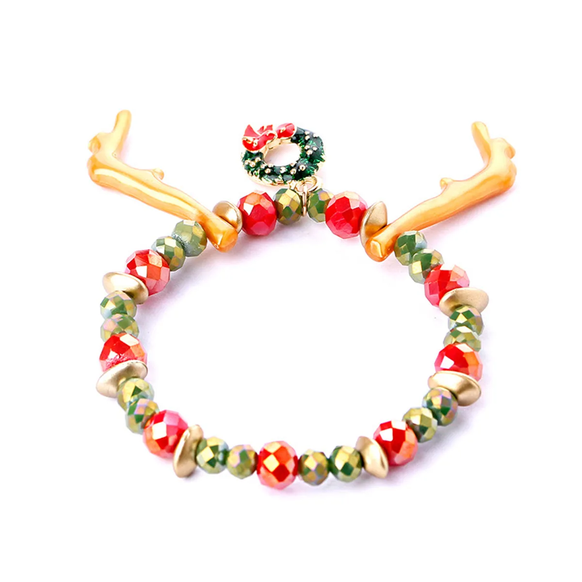 Green Enamel & 18K Gold-Plated Reindeer Antlers Beaded Stretch Bracelet