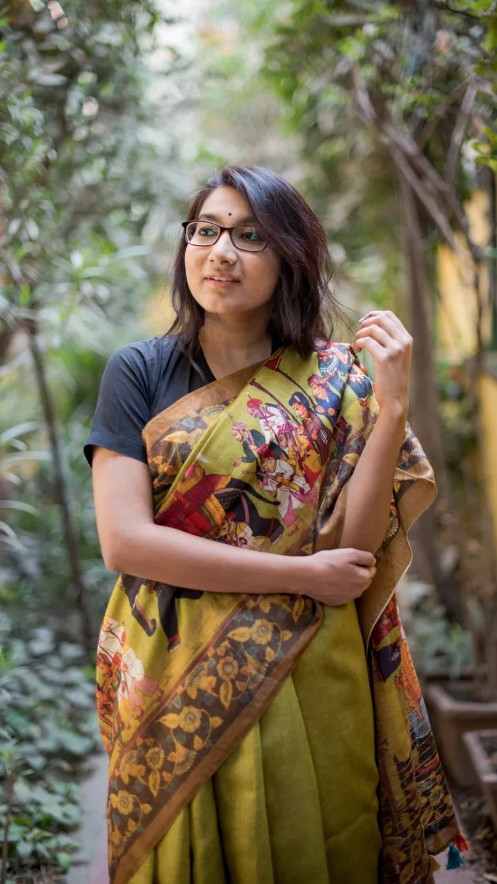 Green Pure Linen Printed  Saree