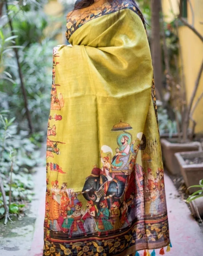 Green Pure Linen Printed  Saree