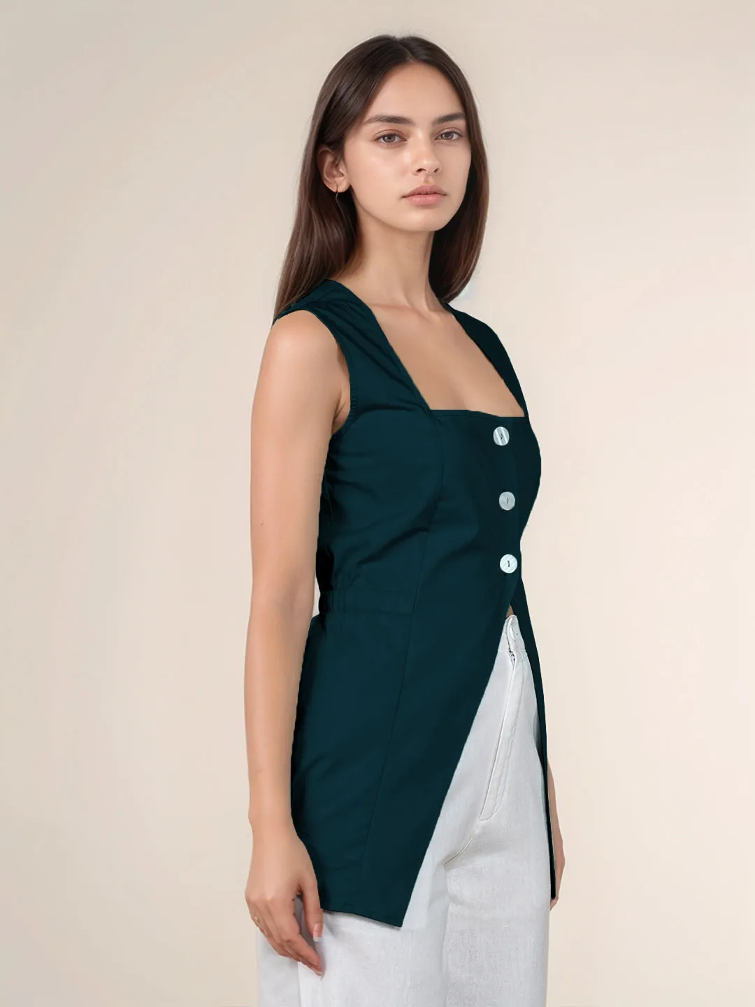Green Solid Square Neck Top