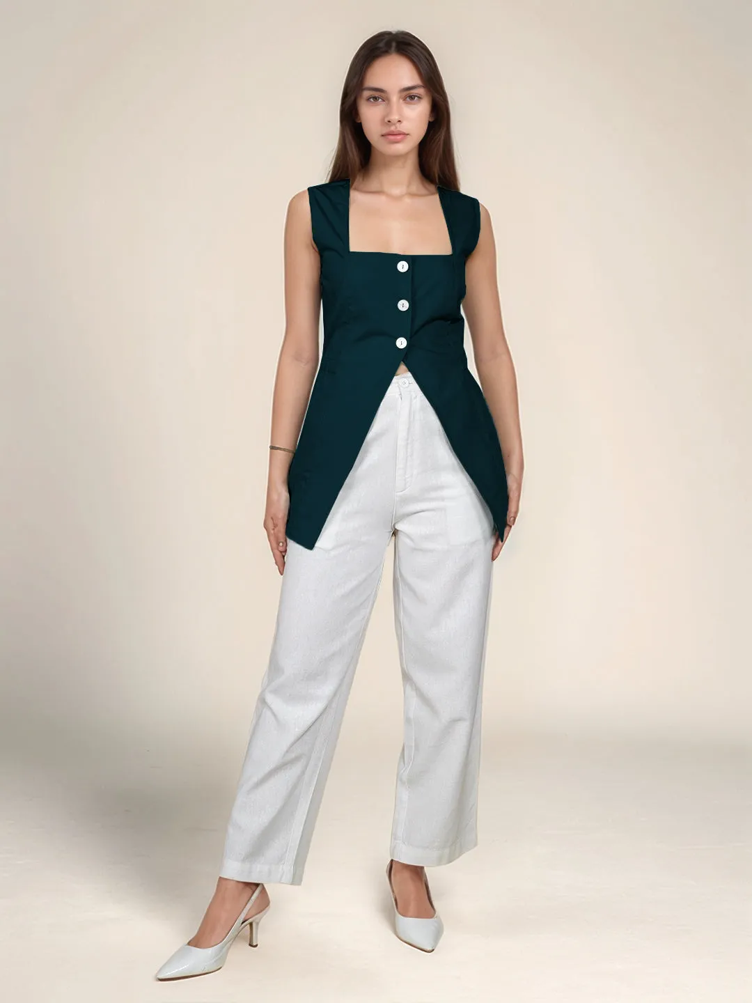 Green Solid Square Neck Top