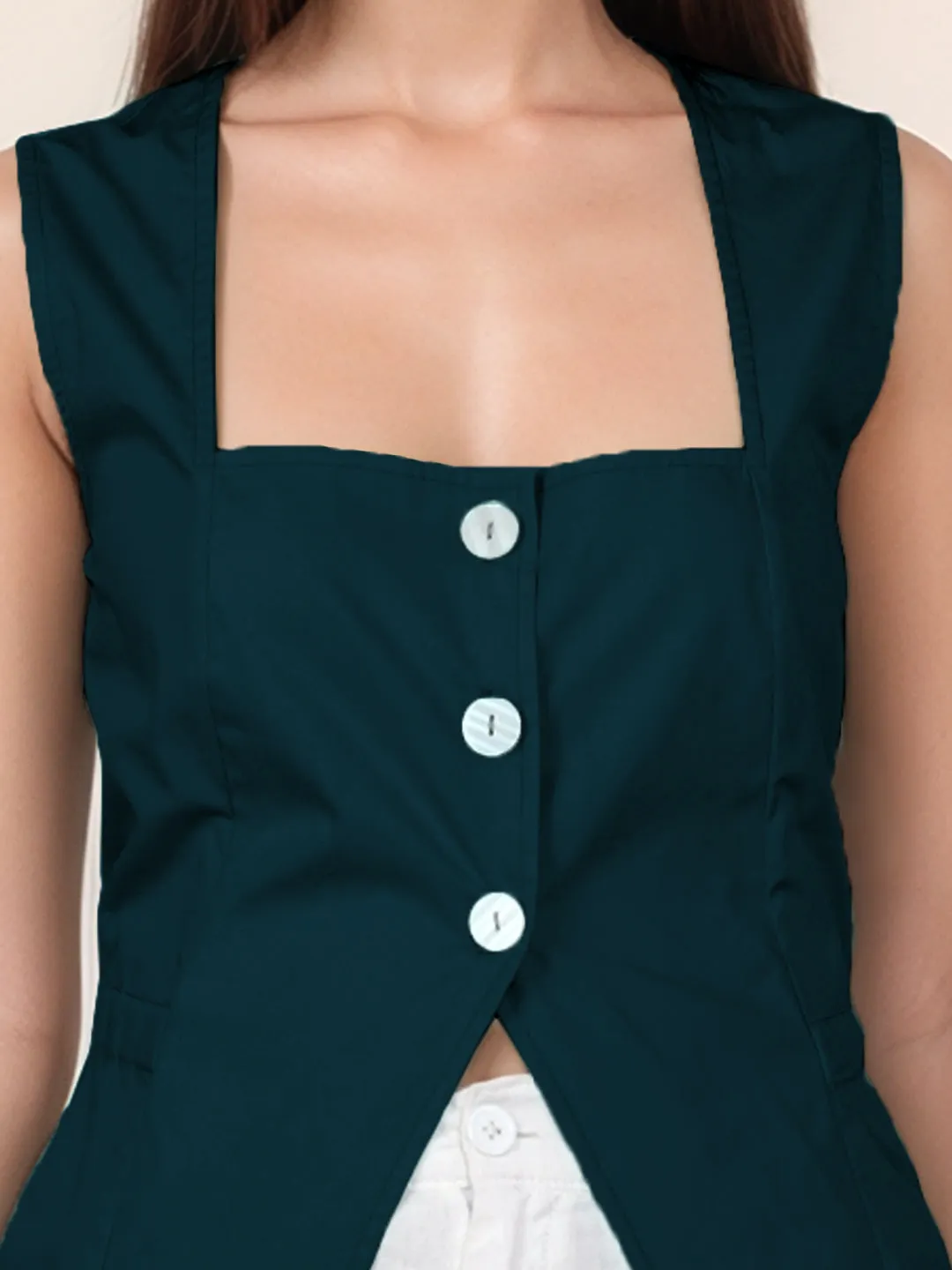 Green Solid Square Neck Top