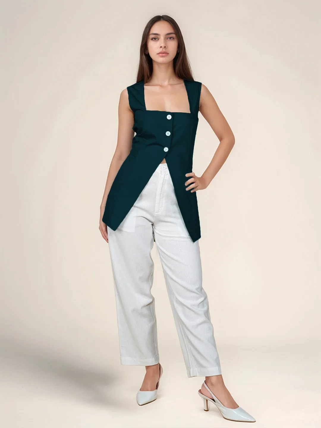 Green Solid Square Neck Top