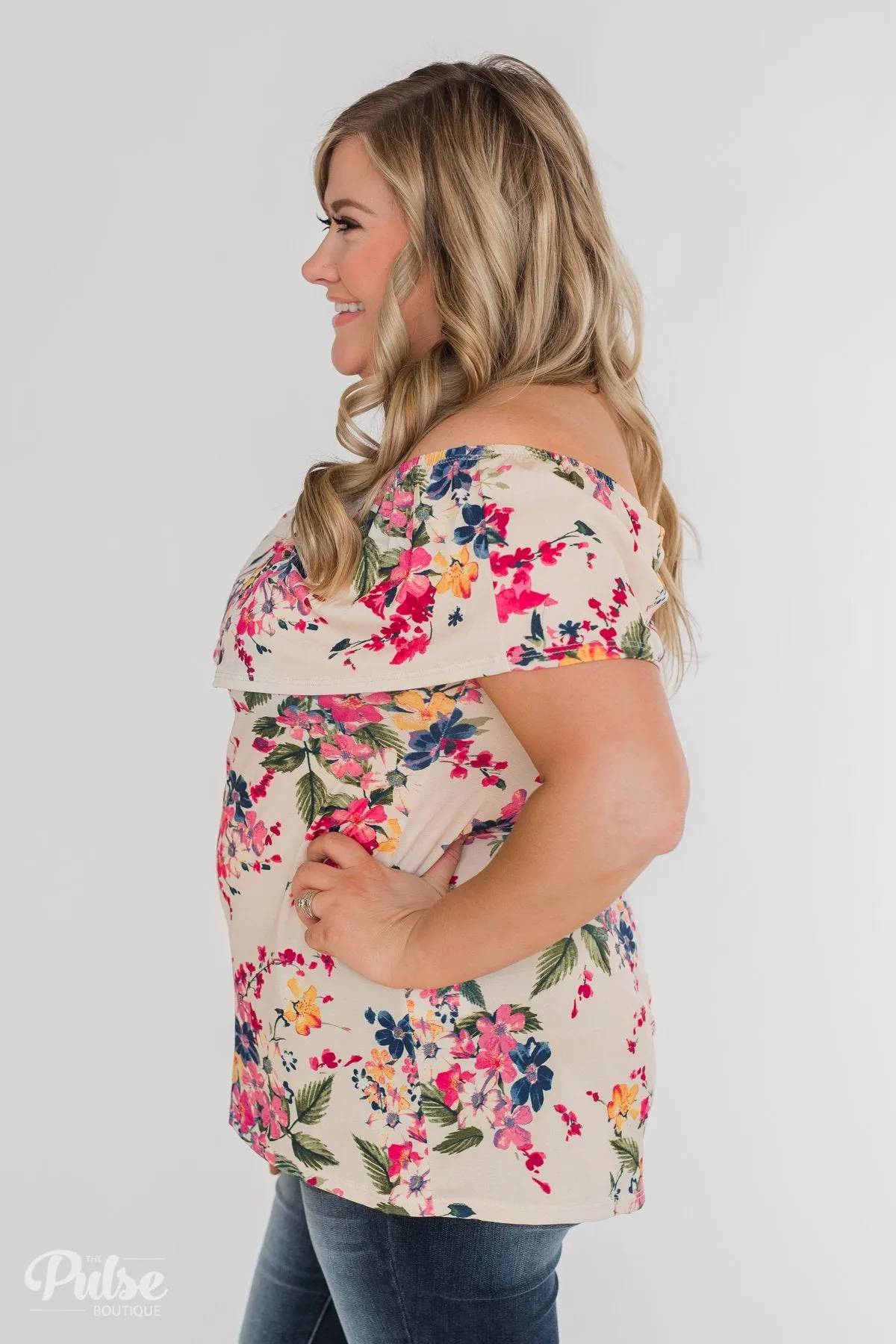 Grow With Me Off the Shoulder Floral Top - Beige