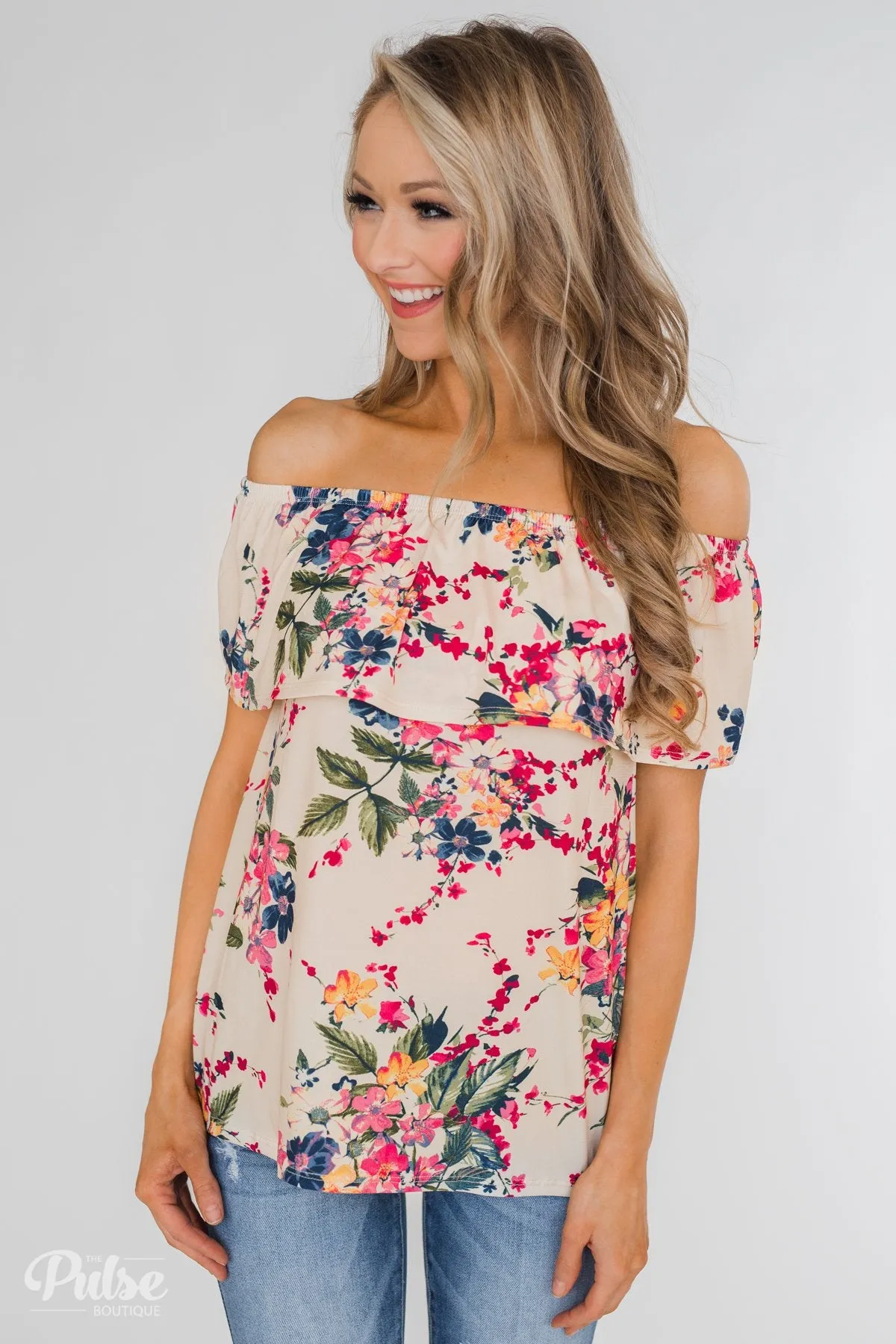 Grow With Me Off the Shoulder Floral Top - Beige