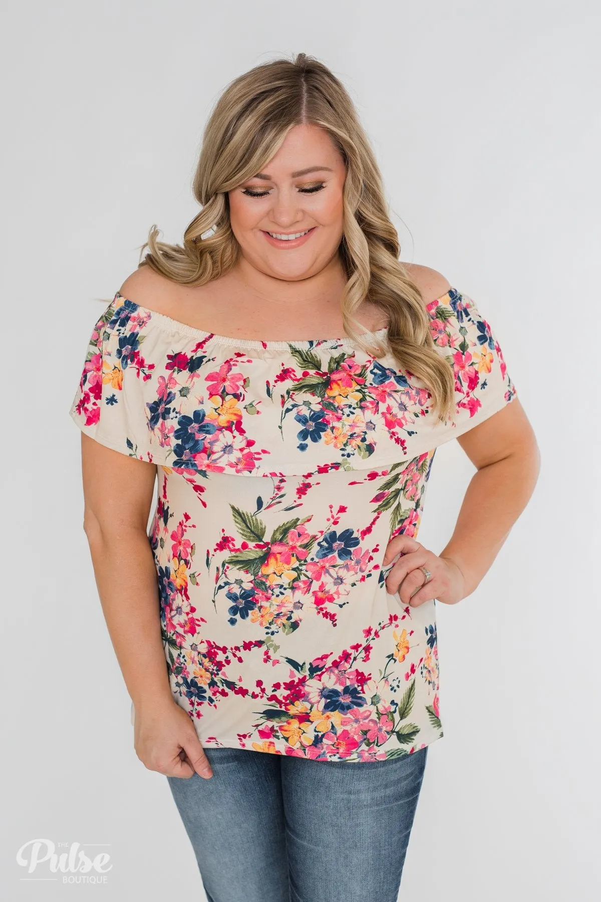Grow With Me Off the Shoulder Floral Top - Beige