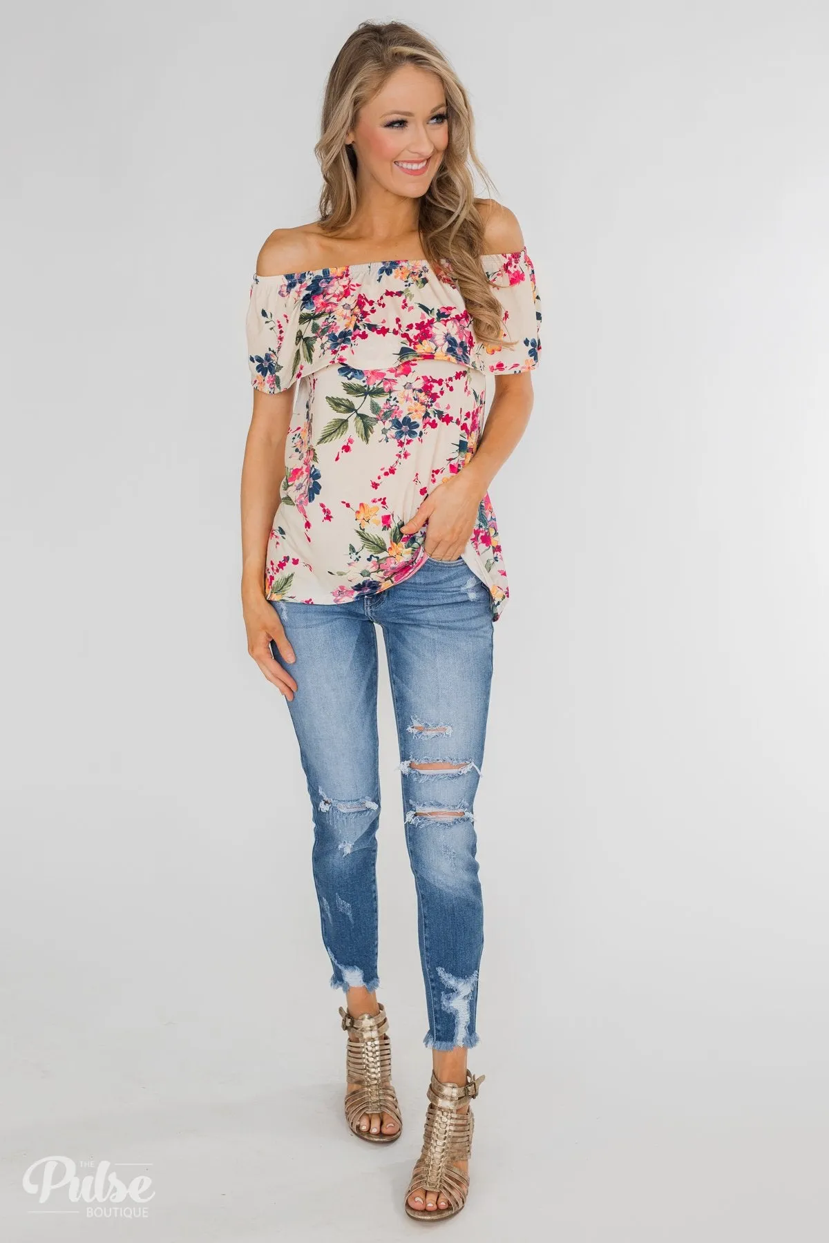 Grow With Me Off the Shoulder Floral Top - Beige
