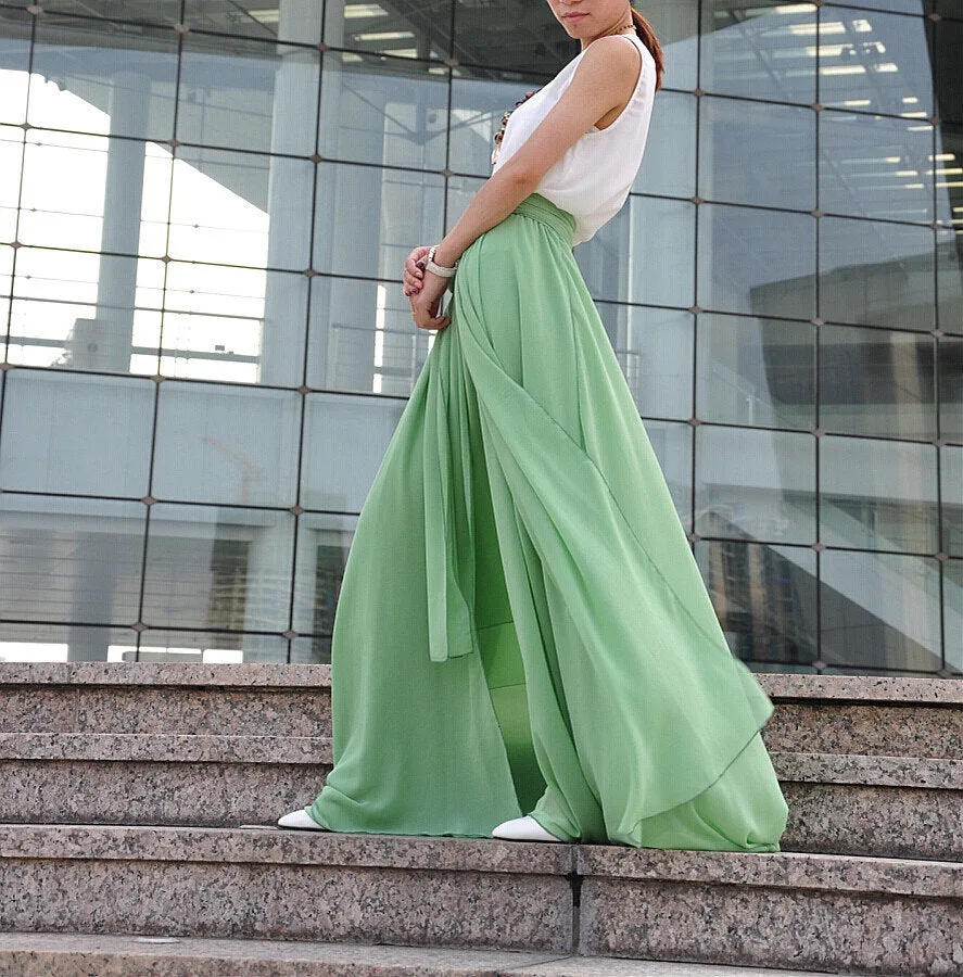 High Waist Maxi Skirt Chiffon Silk Skirts Beautiful Bow Tie Elastic Waist Summer Skirt Floor Length Long Skirt (037), #122