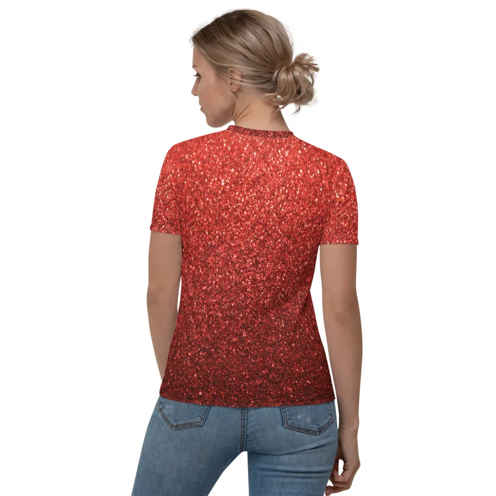 Holiday Red "Glitter" Print and Snowflakes - Women's V-neck