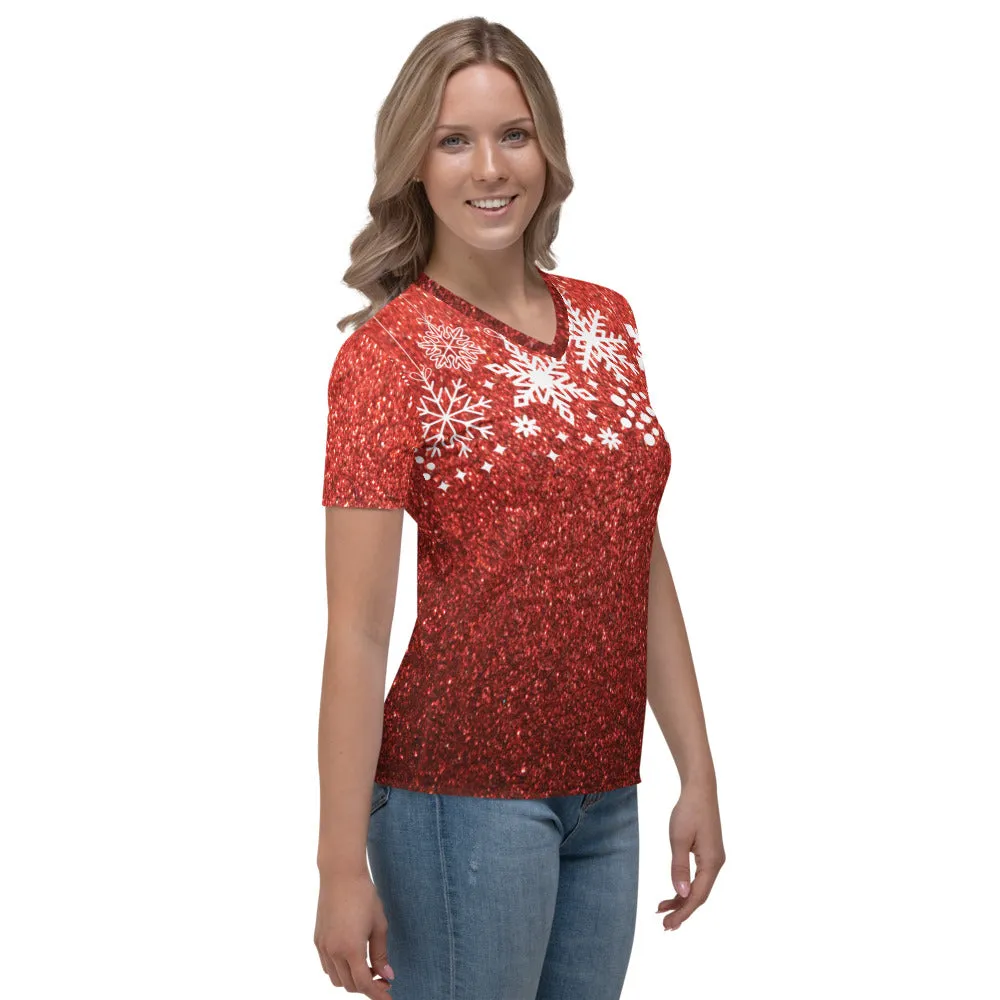 Holiday Red "Glitter" Print and Snowflakes - Women's V-neck