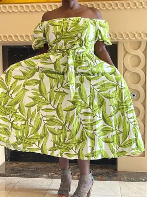 Ivory Green Printed Midi Dress