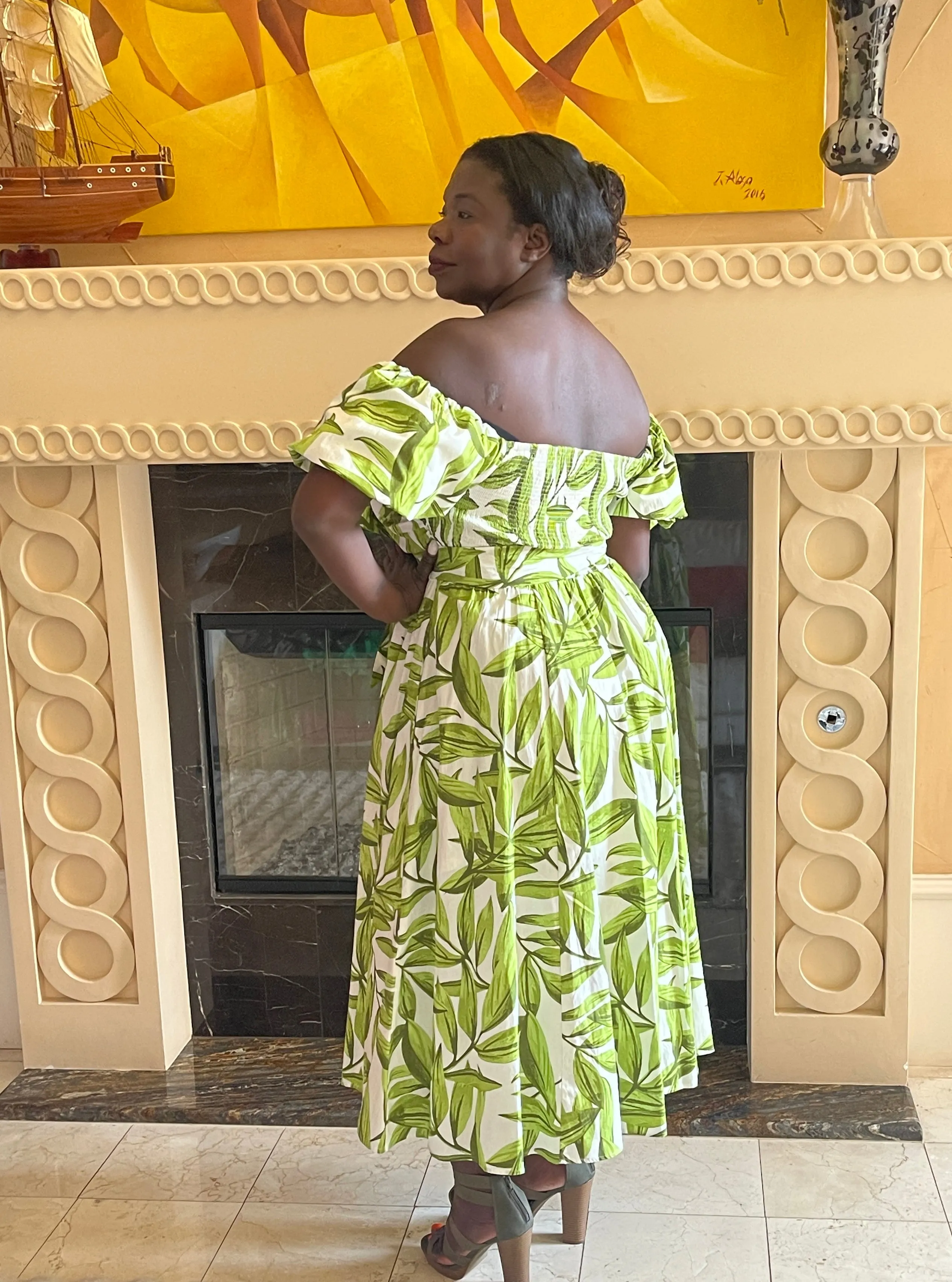 Ivory Green Printed Midi Dress