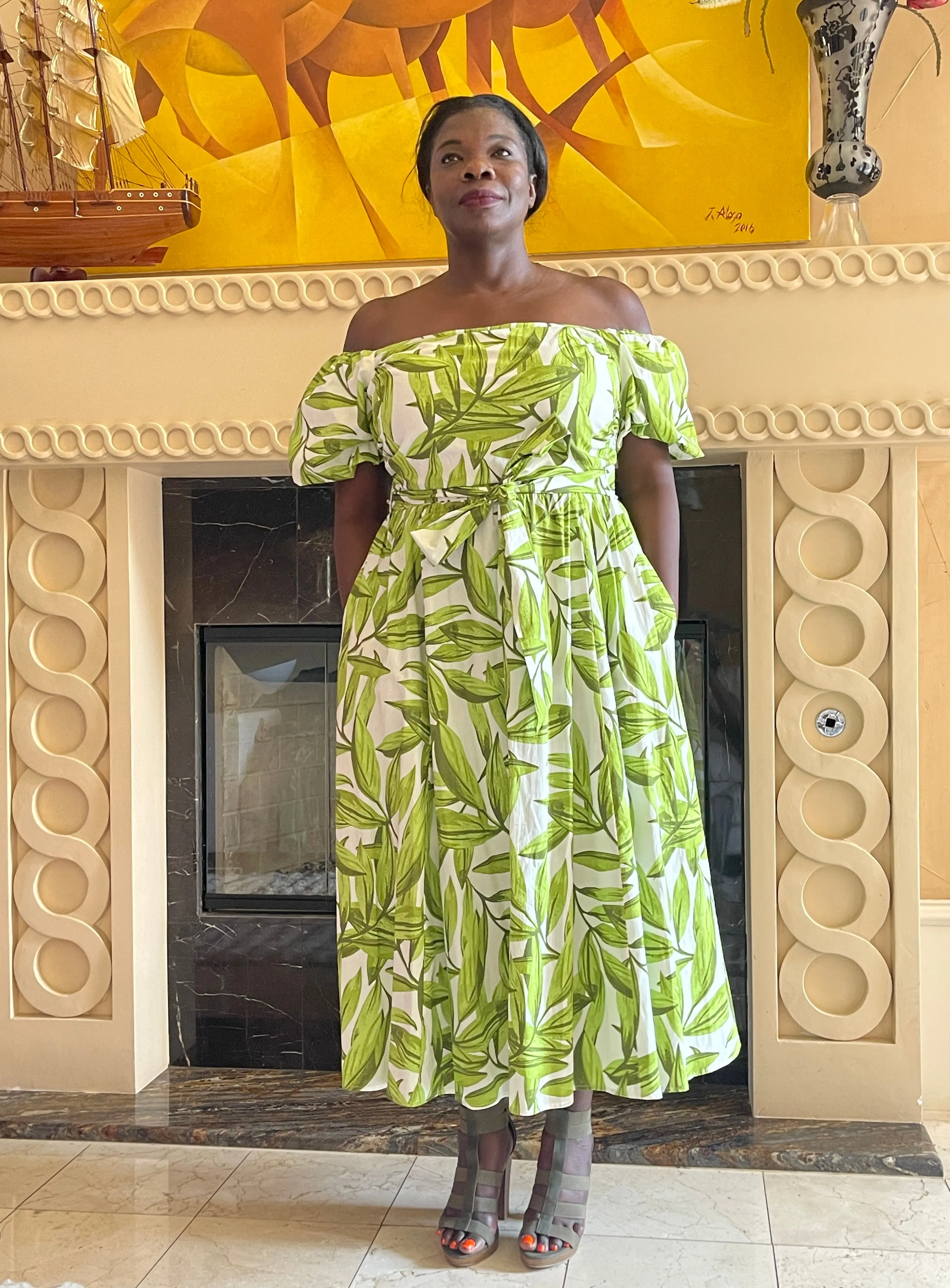 Ivory Green Printed Midi Dress