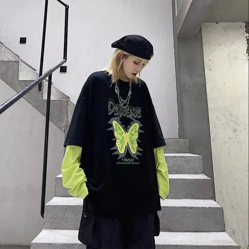 Korean Version of The Bottoming Shirt Butterfly Print Spell Sleeve Loose Fake Two-piece Long-sleeved T-shirt Women's Sweater