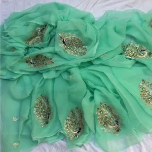 Kundan Work Pure Chiffon Saree In Sea Green(10-15 Days making Time)