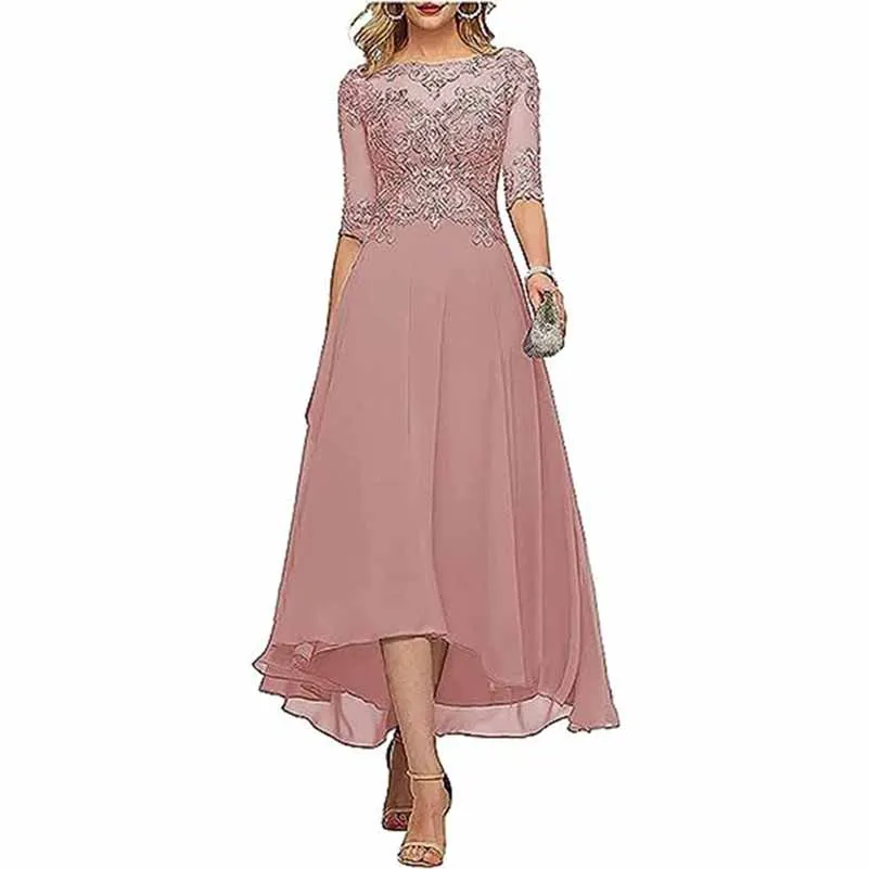 Lace Chiffon Bridesmaid Dress Tea Length Wedding Guest Dress Event Dress