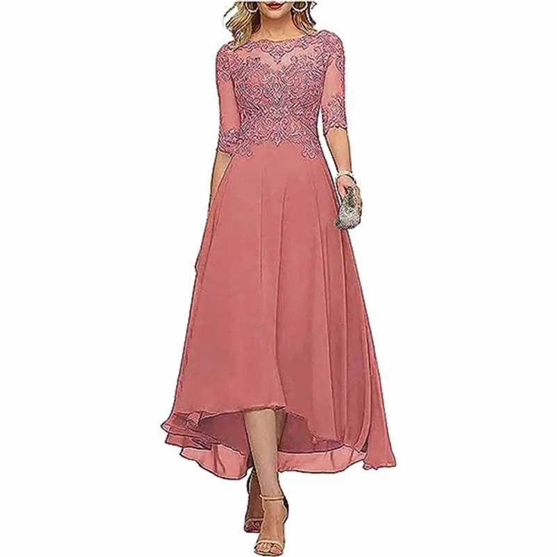 Lace Chiffon Bridesmaid Dress Tea Length Wedding Guest Dress Event Dress