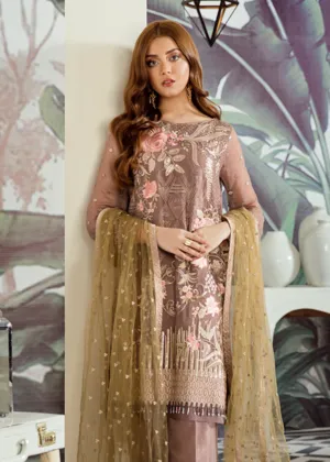 Latest Asian embroidered chiffon dress in elegant brown color # P2426