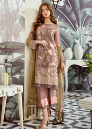 Latest Asian embroidered chiffon dress in elegant brown color # P2426