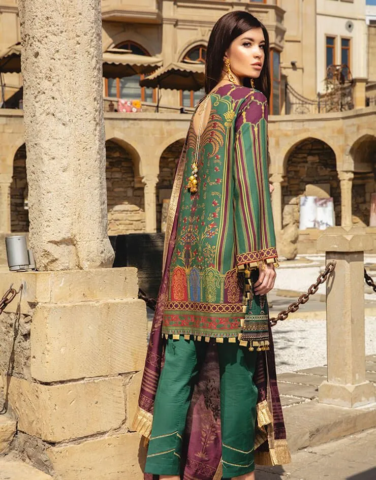 Latest Indian embroidered & printed linen dress in lavish green color # P2416