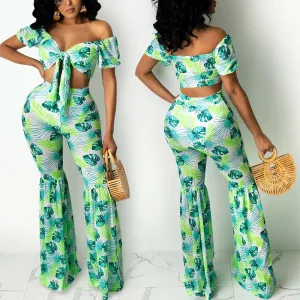 Leaf Pattern Off Shoulder Crop Top & Bell Bottomed Pants Set