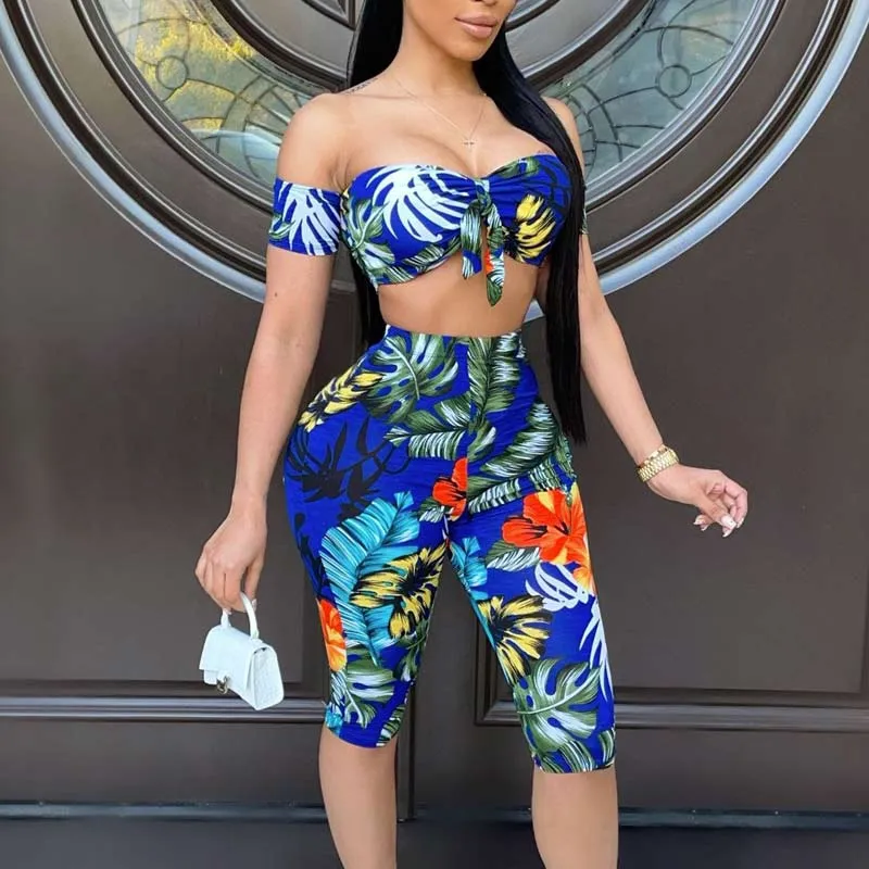 Leaf Pattern Off Shoulder Tube Top & Shorts Set
