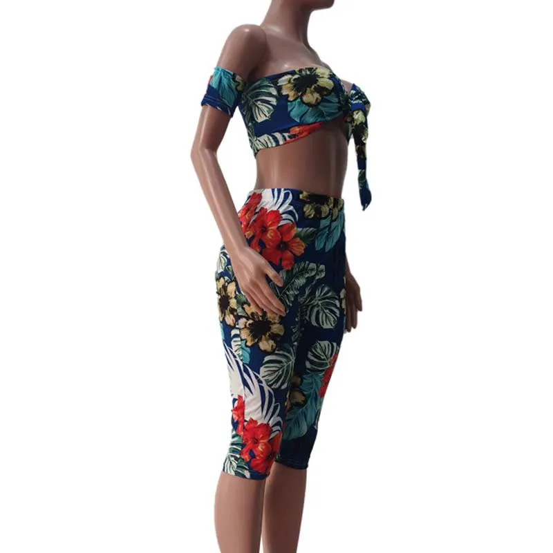 Leaf Pattern Off Shoulder Tube Top & Shorts Set