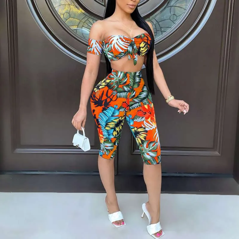 Leaf Pattern Off Shoulder Tube Top & Shorts Set