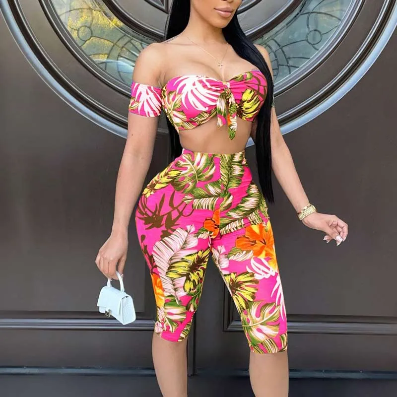Leaf Pattern Off Shoulder Tube Top & Shorts Set
