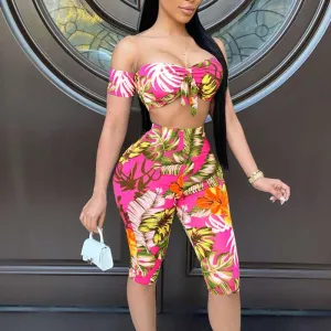 Leaf Pattern Off Shoulder Tube Top & Shorts Set