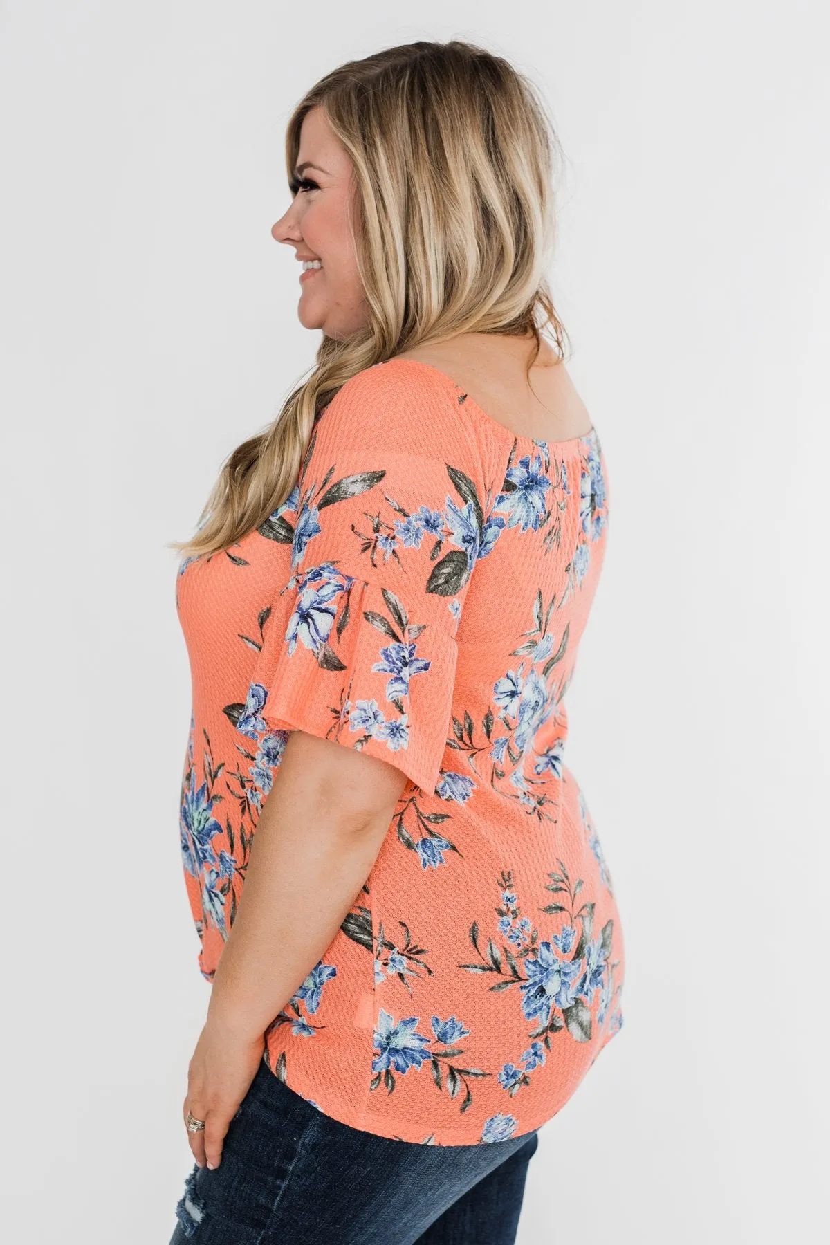 Let's Get Away Off The Shoulder Floral Top- Peachy Orange