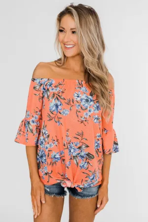 Let's Get Away Off The Shoulder Floral Top- Peachy Orange