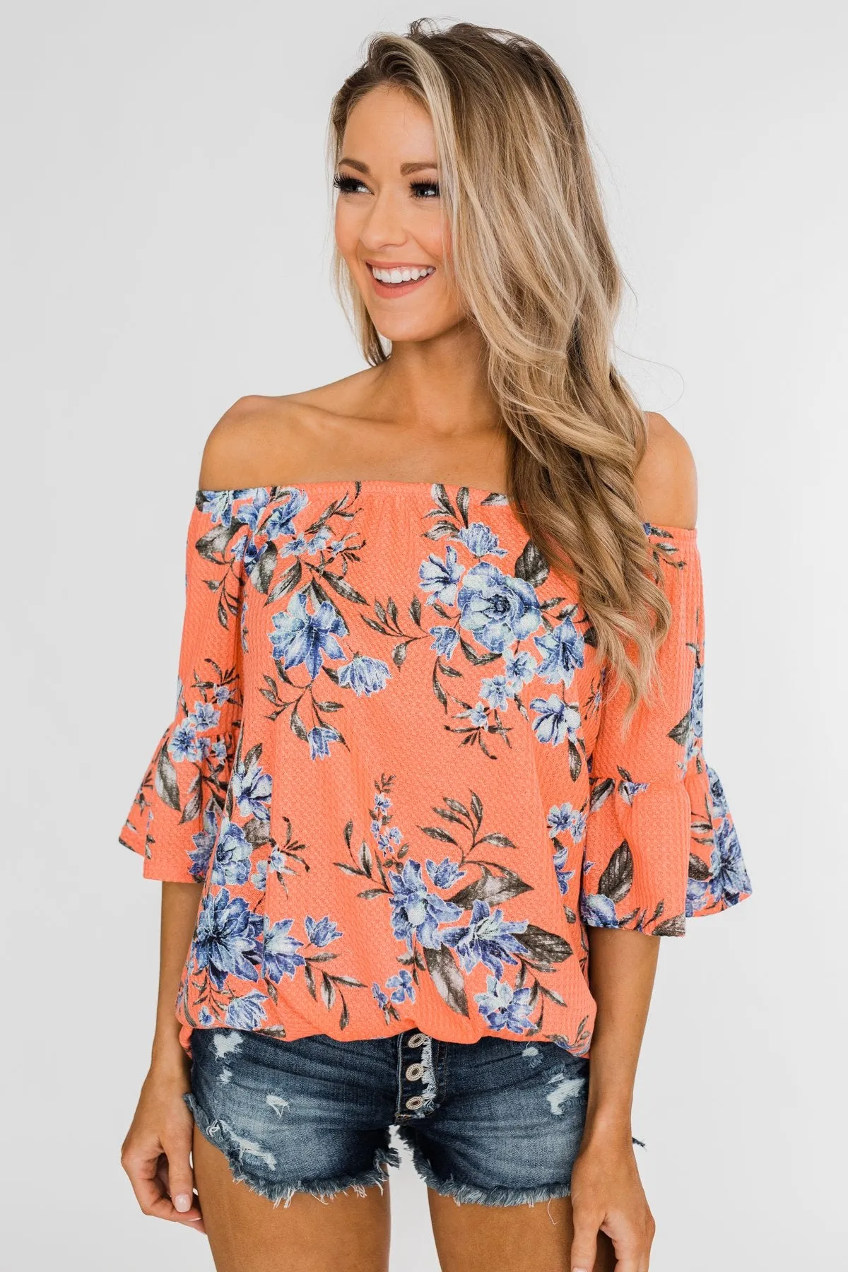 Let's Get Away Off The Shoulder Floral Top- Peachy Orange