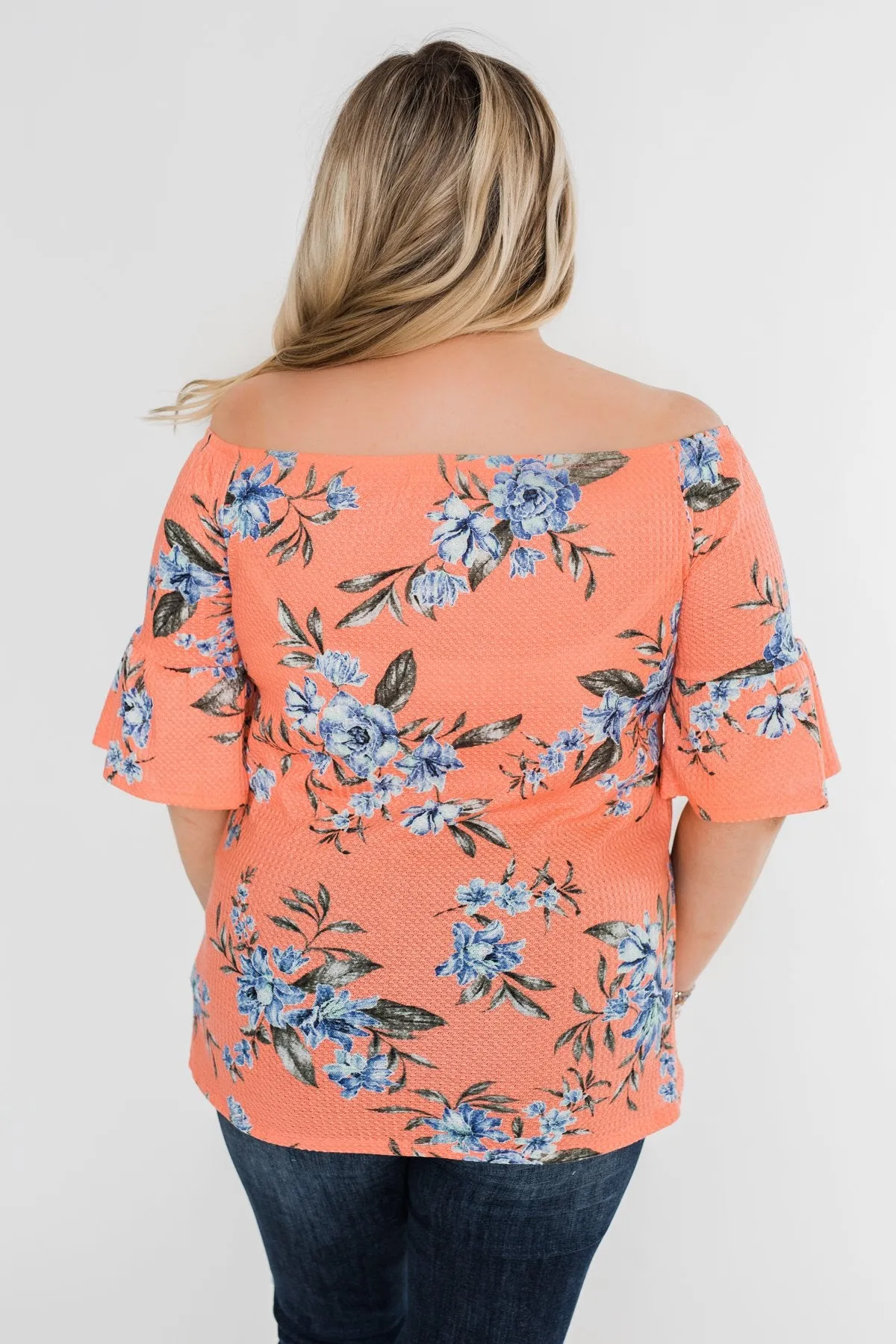 Let's Get Away Off The Shoulder Floral Top- Peachy Orange