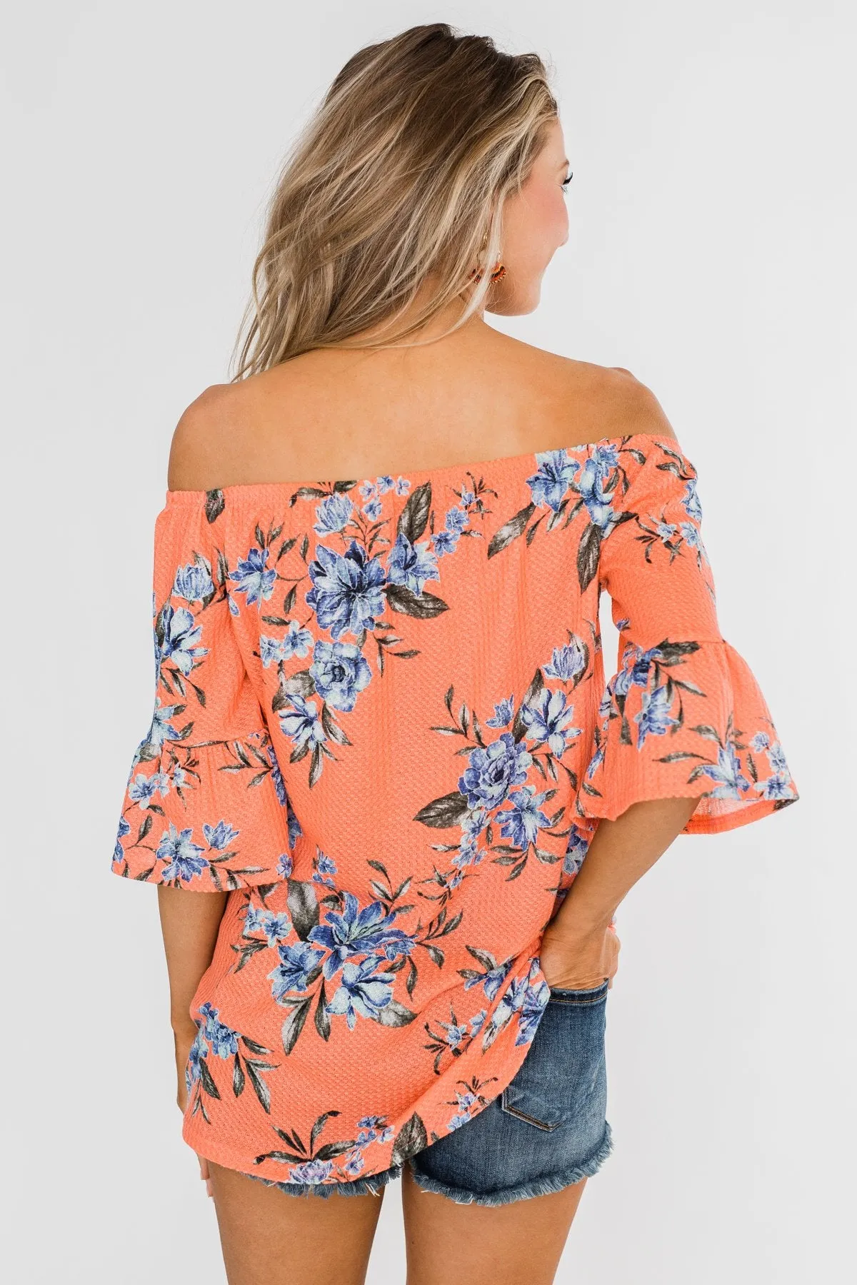 Let's Get Away Off The Shoulder Floral Top- Peachy Orange
