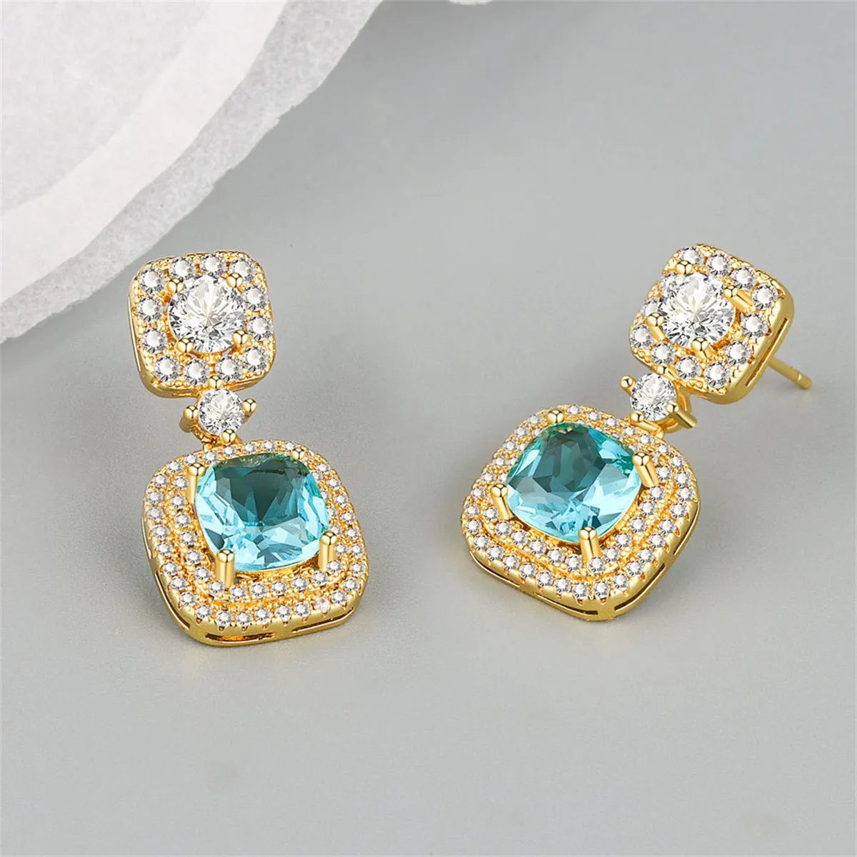 Light Green Crystal & Cubic Zirconia Square Drop Earrings