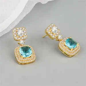 Light Green Crystal & Cubic Zirconia Square Drop Earrings